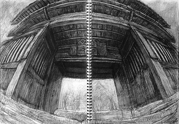Pencil sketch of a temple gate by Go Hayakawa, used in the film Under the Same Moon
